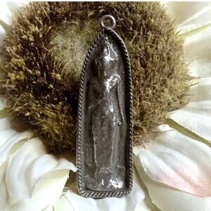 Vintage Pewter Relief Pendant | Arched Spiritual Figure | 70s Folk Style